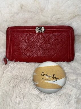 CHANEL Red Quilted Caviar Leather Leboy Zip Wallet- GOOD CONDITION